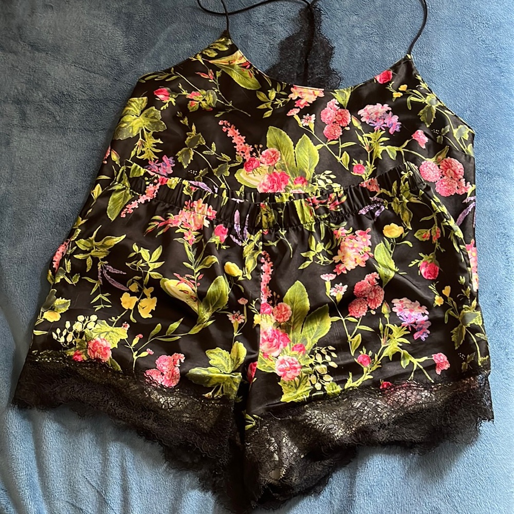 VS Satin Black Floral Cami and Shorts Set